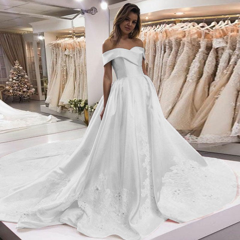 White A Line Off Shoulder Satin Cathedral Train Wedding Dresses Bride ...