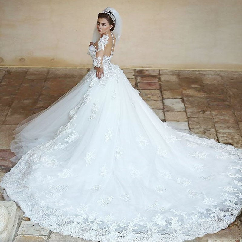 A Line Sweetheart Long Sleeves Lace Cathedral Train Wedding Dresses ...