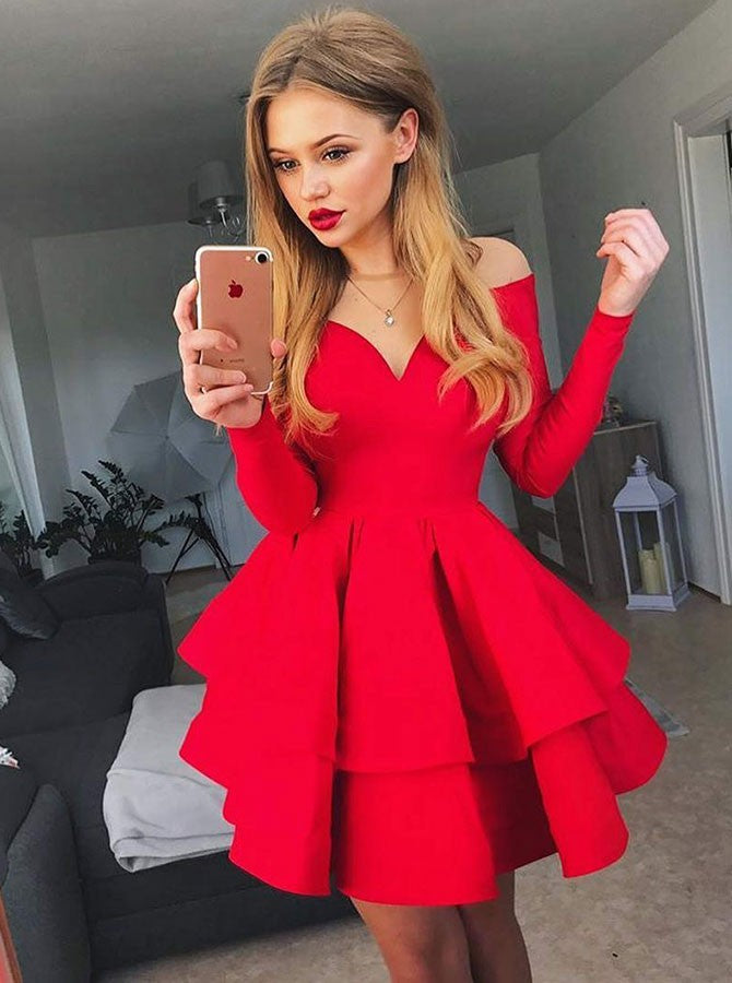 red off the shoulder cocktail dress