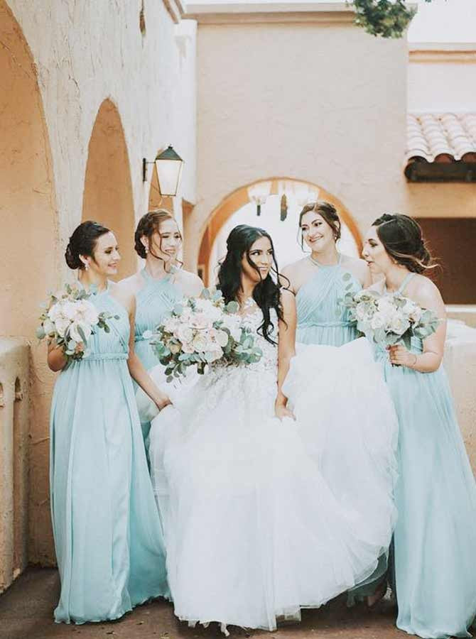 Simple Light Blue Halter Open Back Long Chiffon Bridesmaid Dresses Niceoo