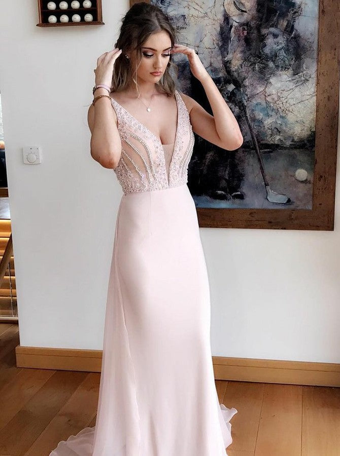 light pink simple prom dress