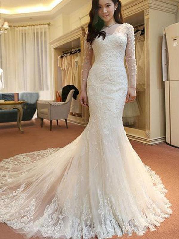 Round Neck Long Sleeve Lace Zipper Mermaid Wedding Gown 