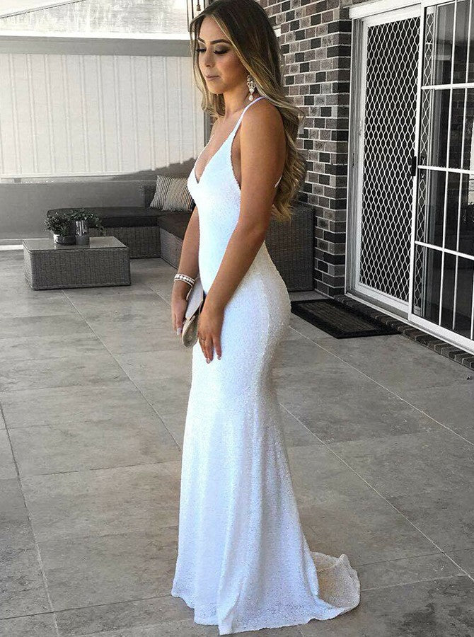 white v neck spaghetti strap dress