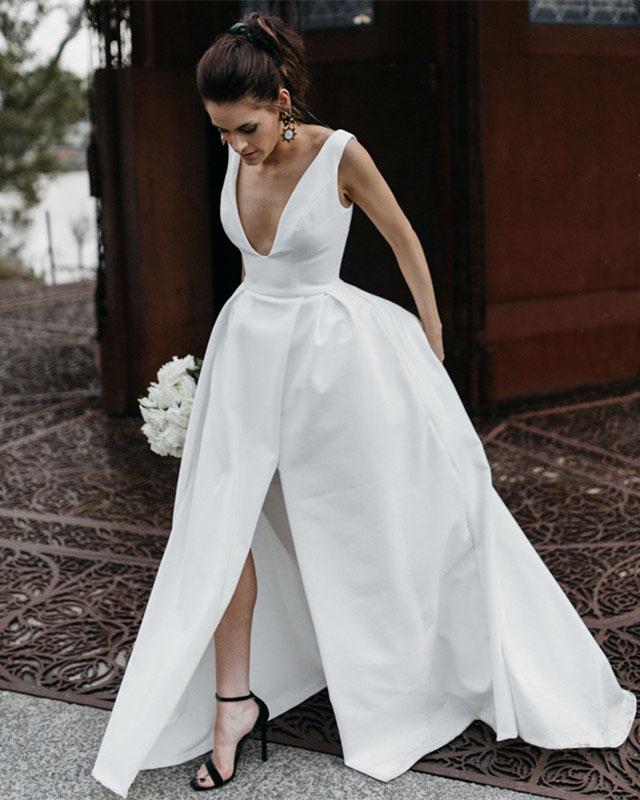 Simple White Deep V Neck V Back Side Split Satin Wedding Dresses – NICEOO