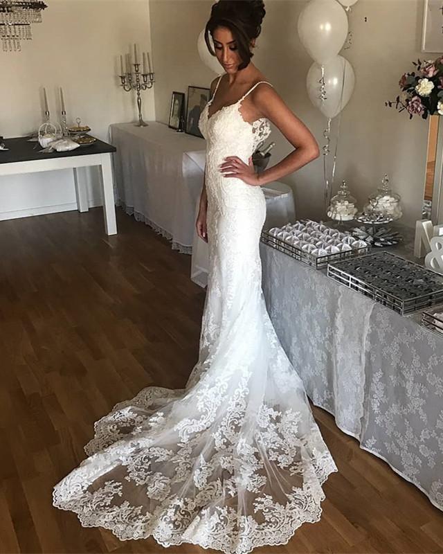 spaghetti strap mermaid wedding dress