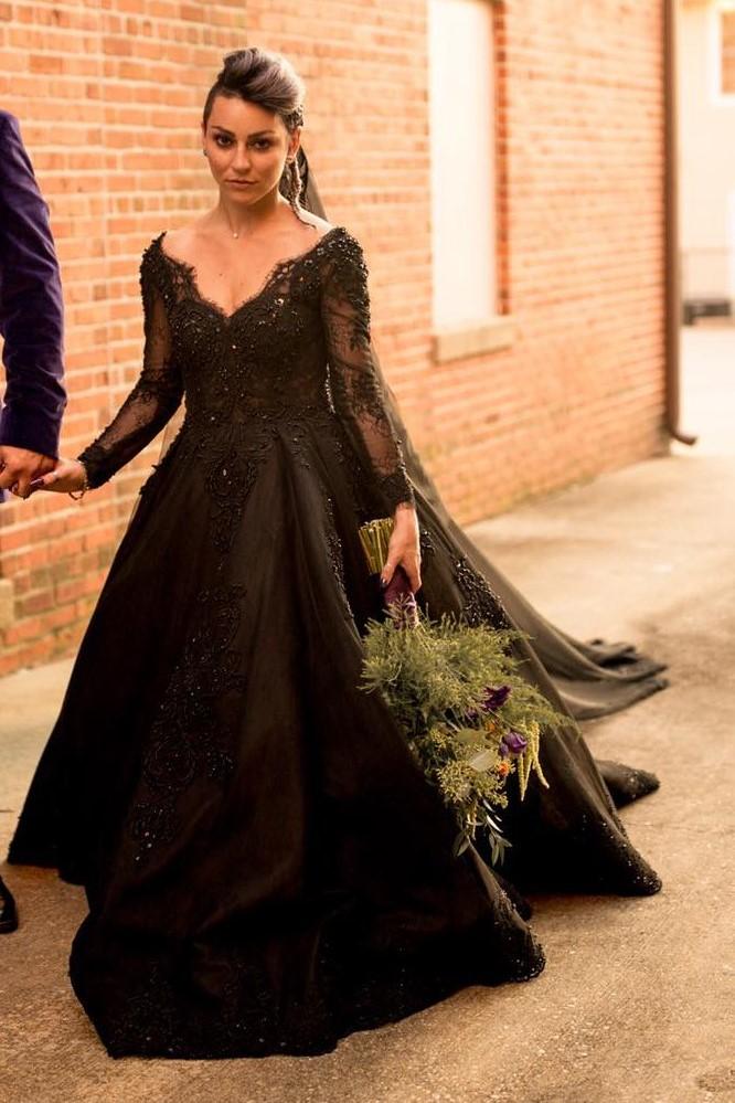 black wedding dress lace sleeves