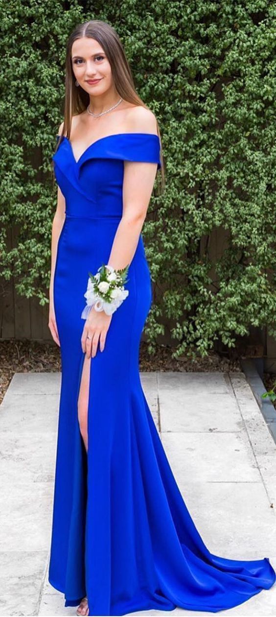 blue off the shoulder dress prom