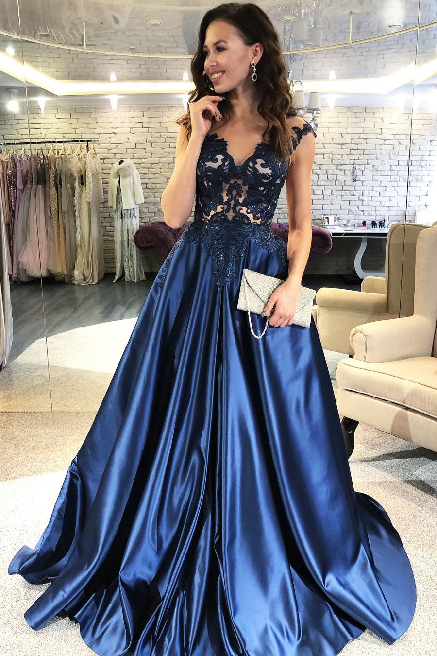 dark blue satin prom dress