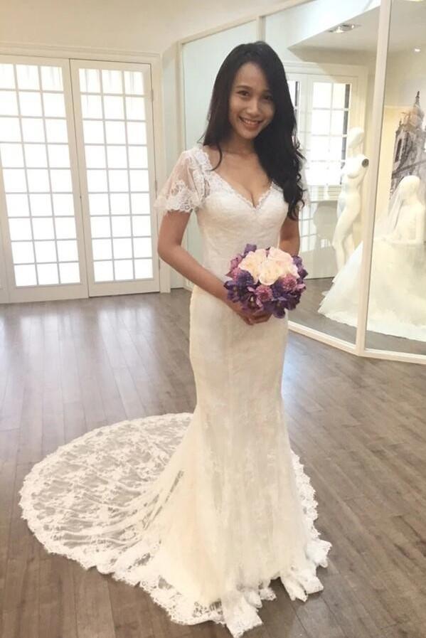 short sleeve v neck wedding dress