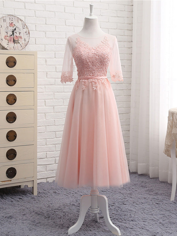 blush tea length bridesmaid dresses 