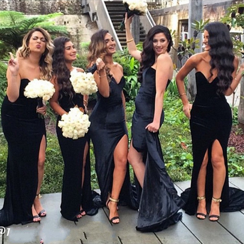 strapless black bridesmaid dresses long