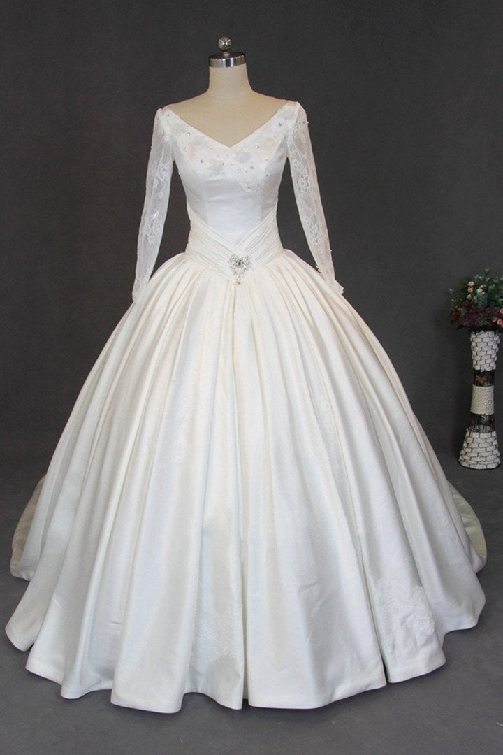 Elegant White A Line V Neck Cut Out Satin Wedding Dresses – NICEOO