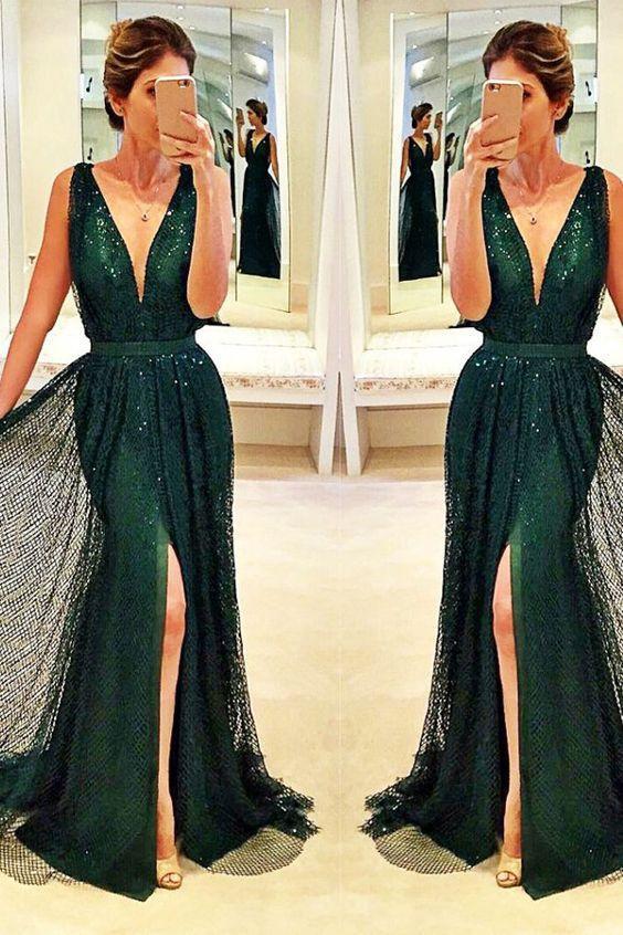 dark green v neck dress