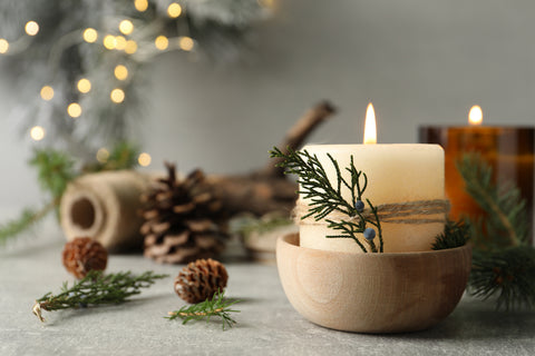 beautiful pine scented candle lit for Christmas