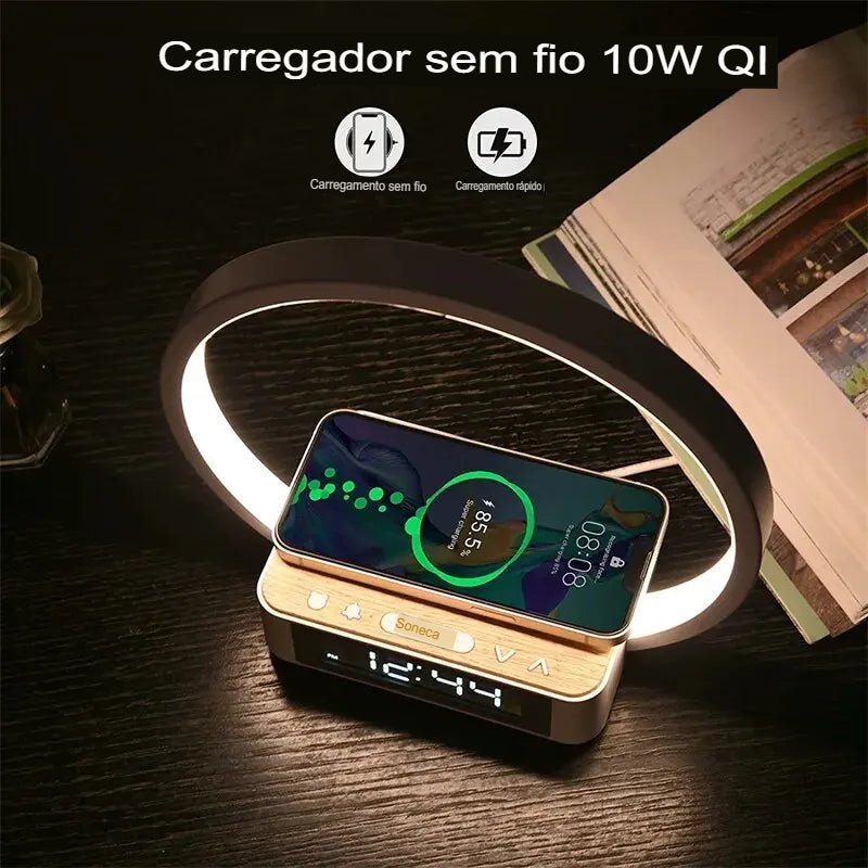 Abajur de Cabeceira com Carregamento Sem Fio, hora e alarme - achatudostore