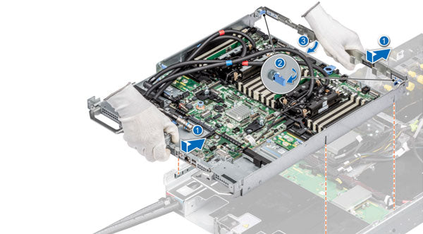 Image of the top tray holding the CPU and DIMMs for the XE9640 Rack server