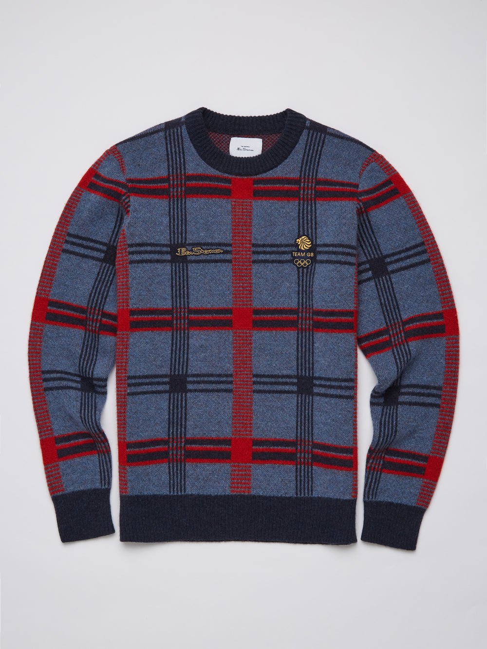 Team GB Men's House Check Crew Neck Sweater - Navy - Ben Sherman