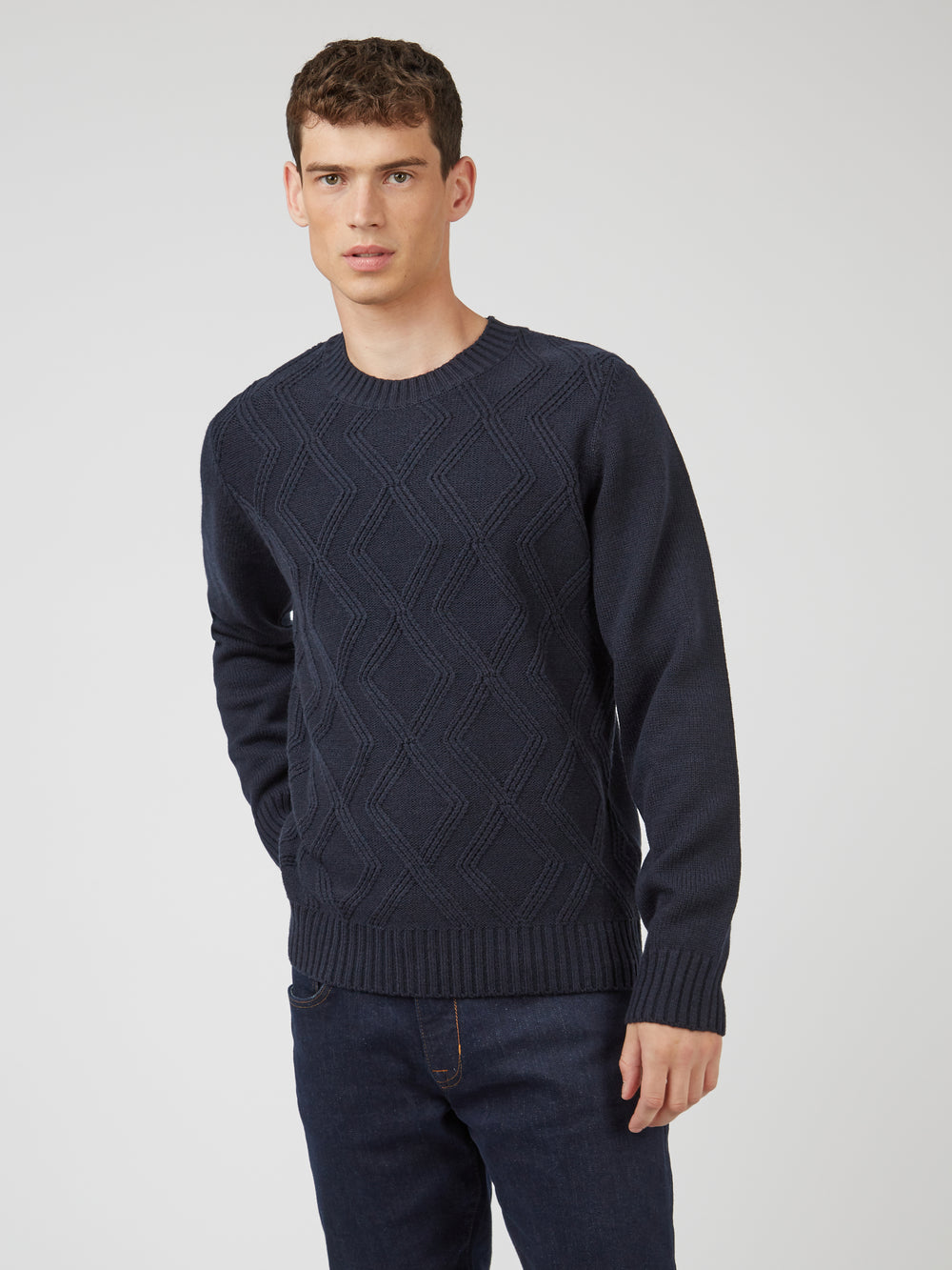 Chunky Cable-Knit Crewneck Sweater - Navy - Ben Sherman