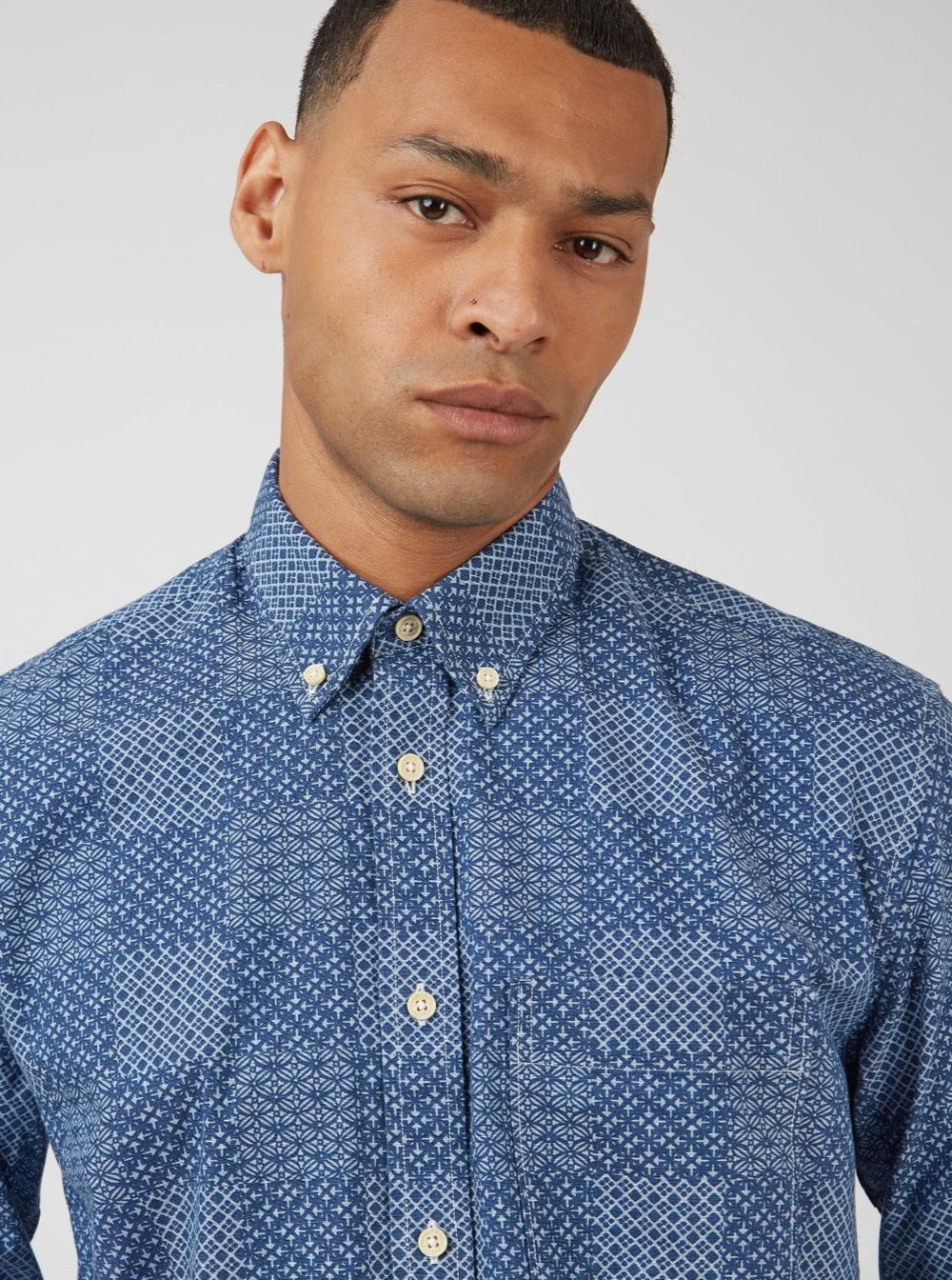 Chambray Patchwork Geo Print Long-Sleeve Shirt - Ben Sherman