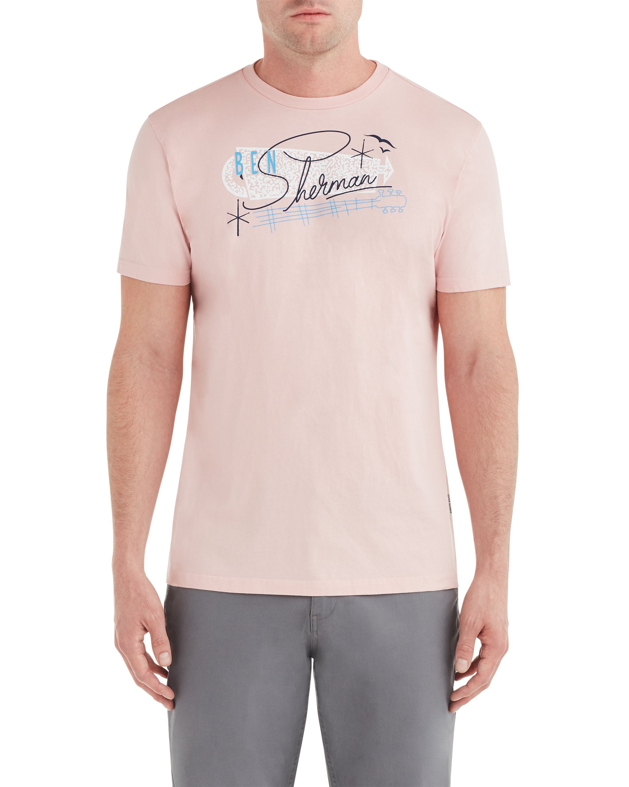 white and pink graphic tee men