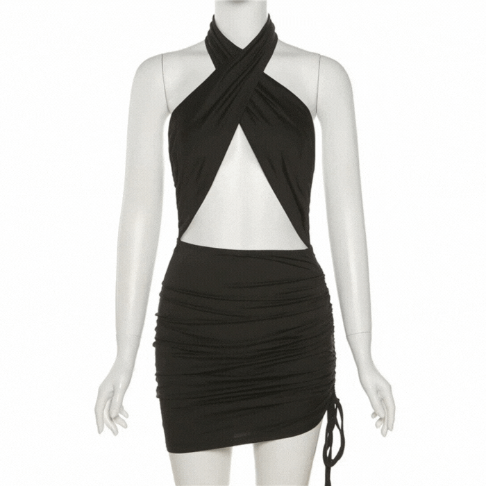 Black Halter Wrap Ruched Cutout Mini Dress - IRHAZ