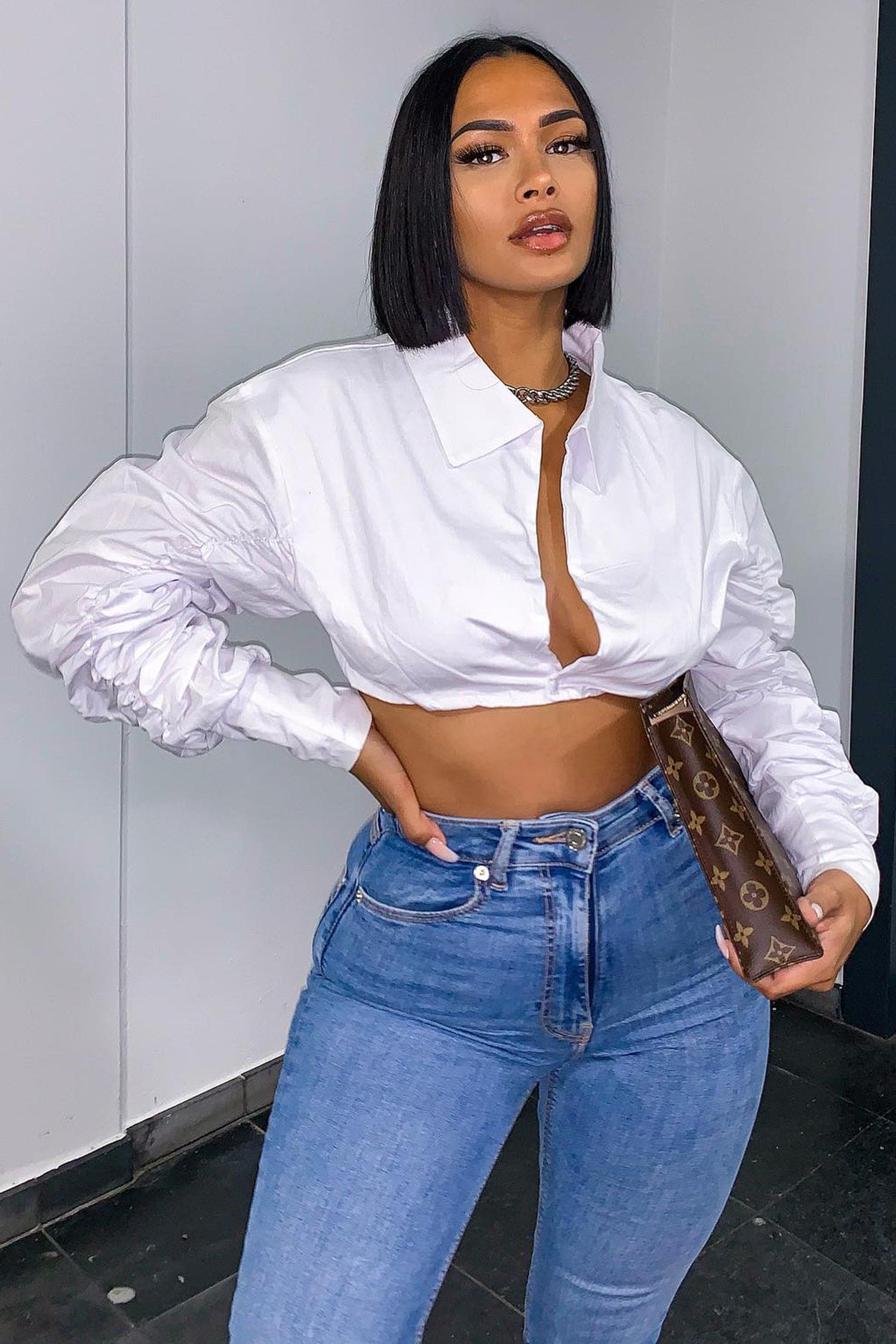 White Long Puff Ruched Sleeve Crop Top / S Shirts & Tops