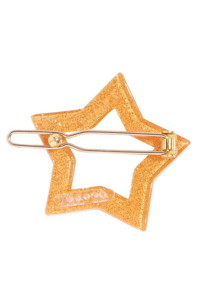Tige boule clasp detail view on glitter orange star hair barrette by France Luxe