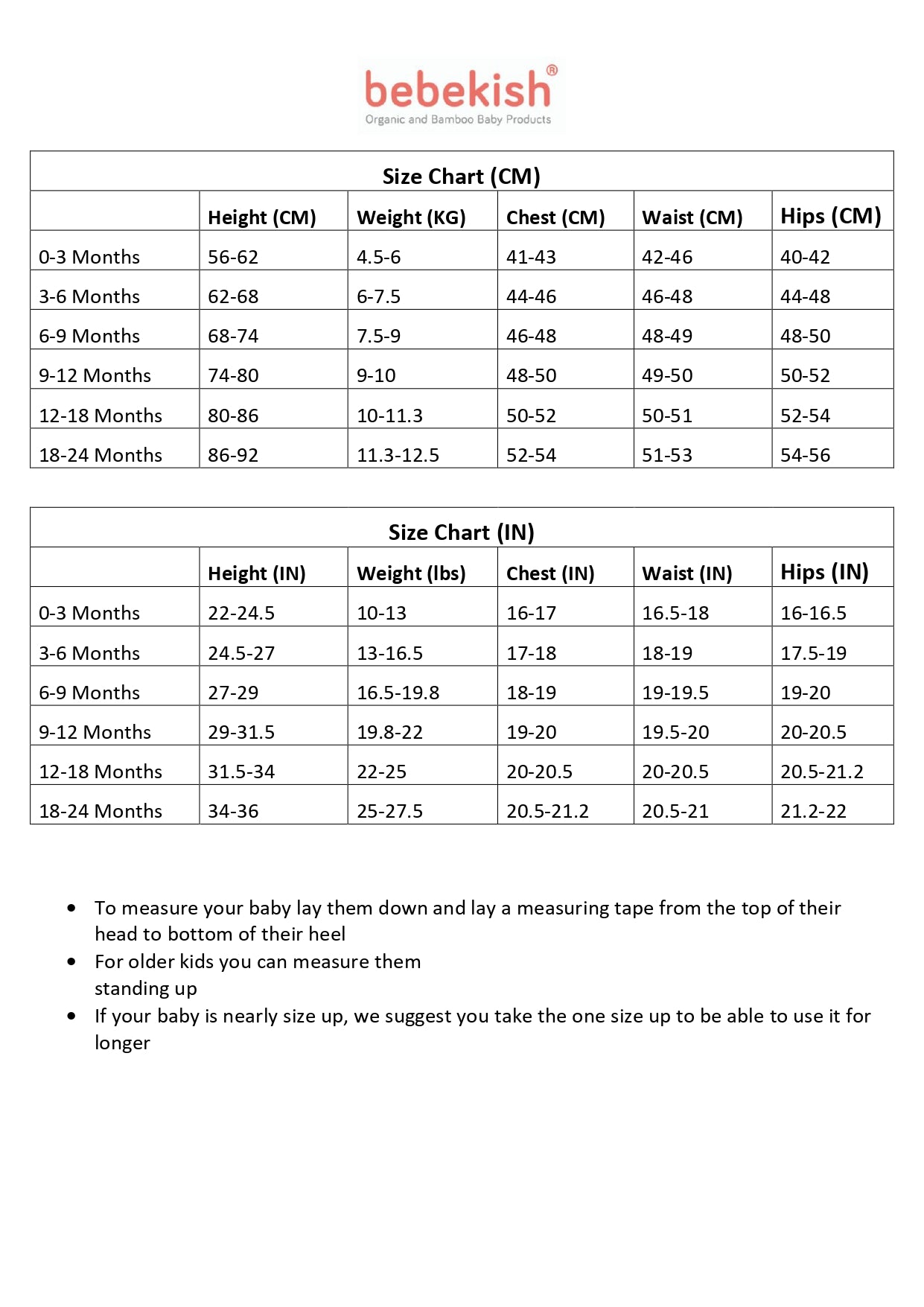 Size Chart Bebekish Baby Cloths