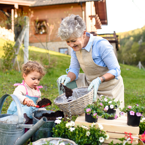 a grandmother with a child in the garden planting