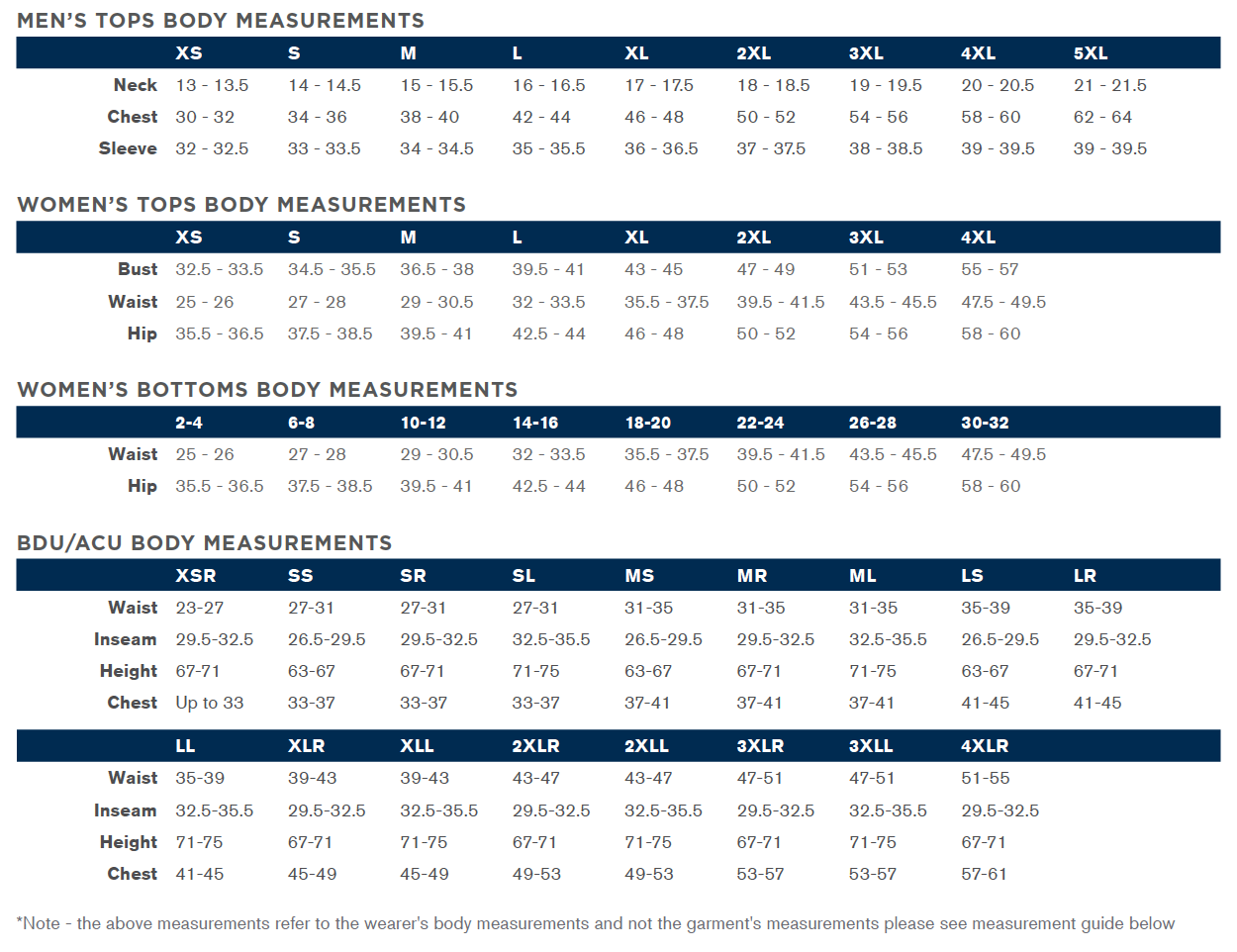 Size Chart - Propper – Offbase Supply Co.