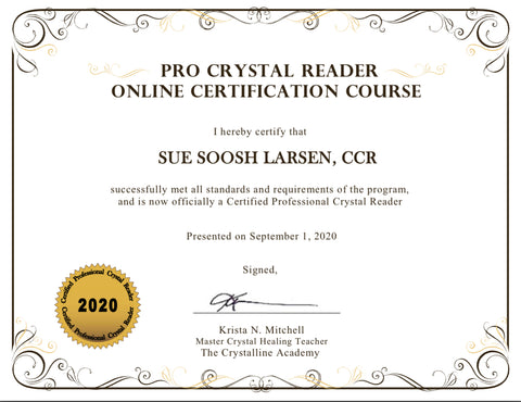 Certificate - Crystal Reader - Sue Soosh Larsen