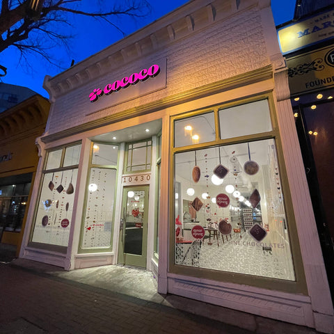 Cococo Chocolatiers storefront at night Edmonton Alberta