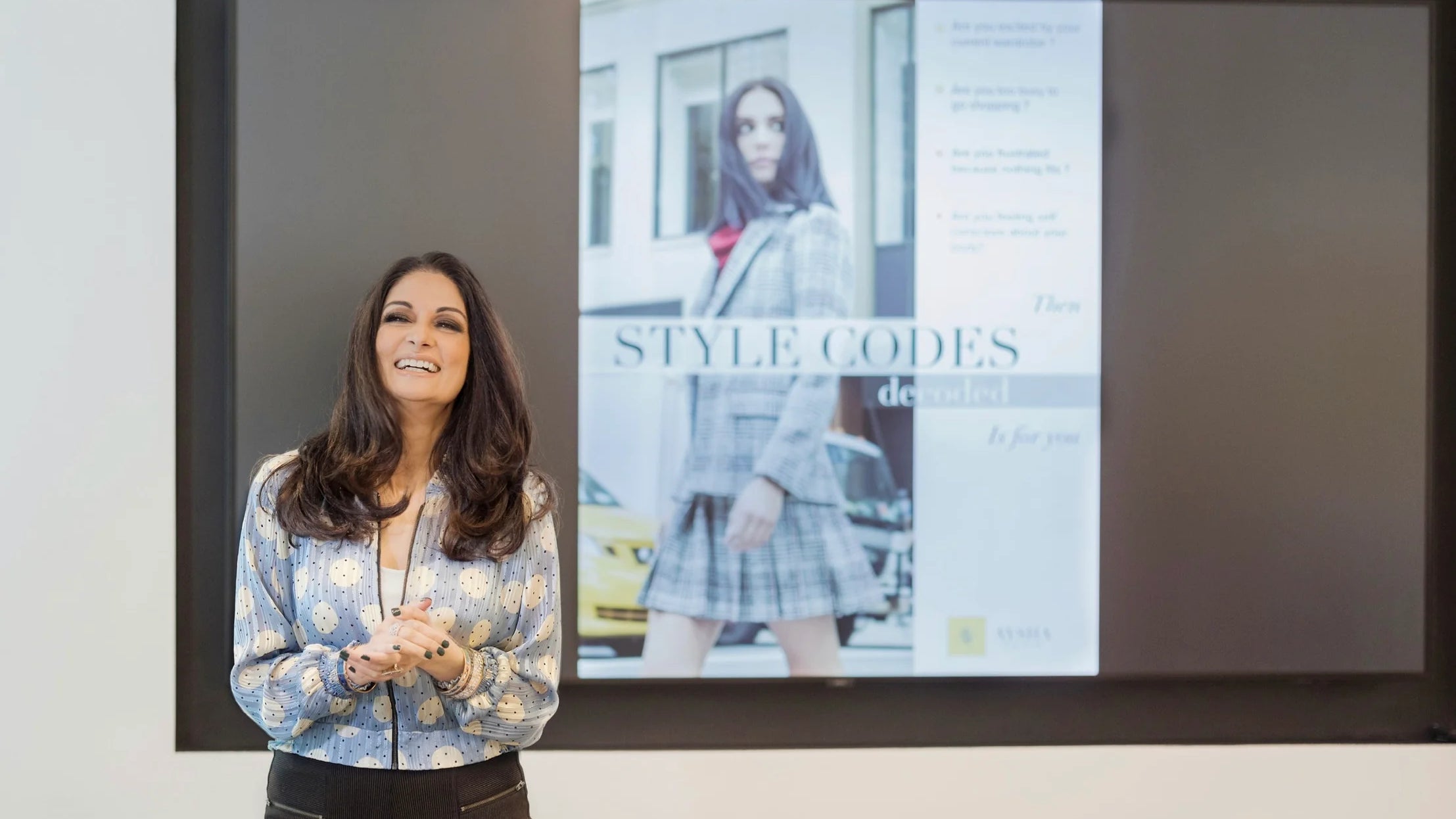 Aysha wearing the Powder Blue Blousette while giving a presentation