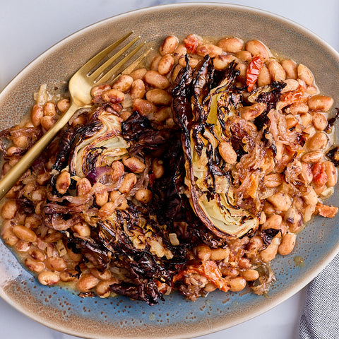 charred cabbage with miso beans recipe