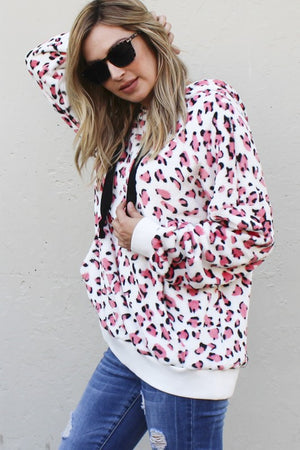 Ivory and Pink Leopard Print Sherpa Hoodie