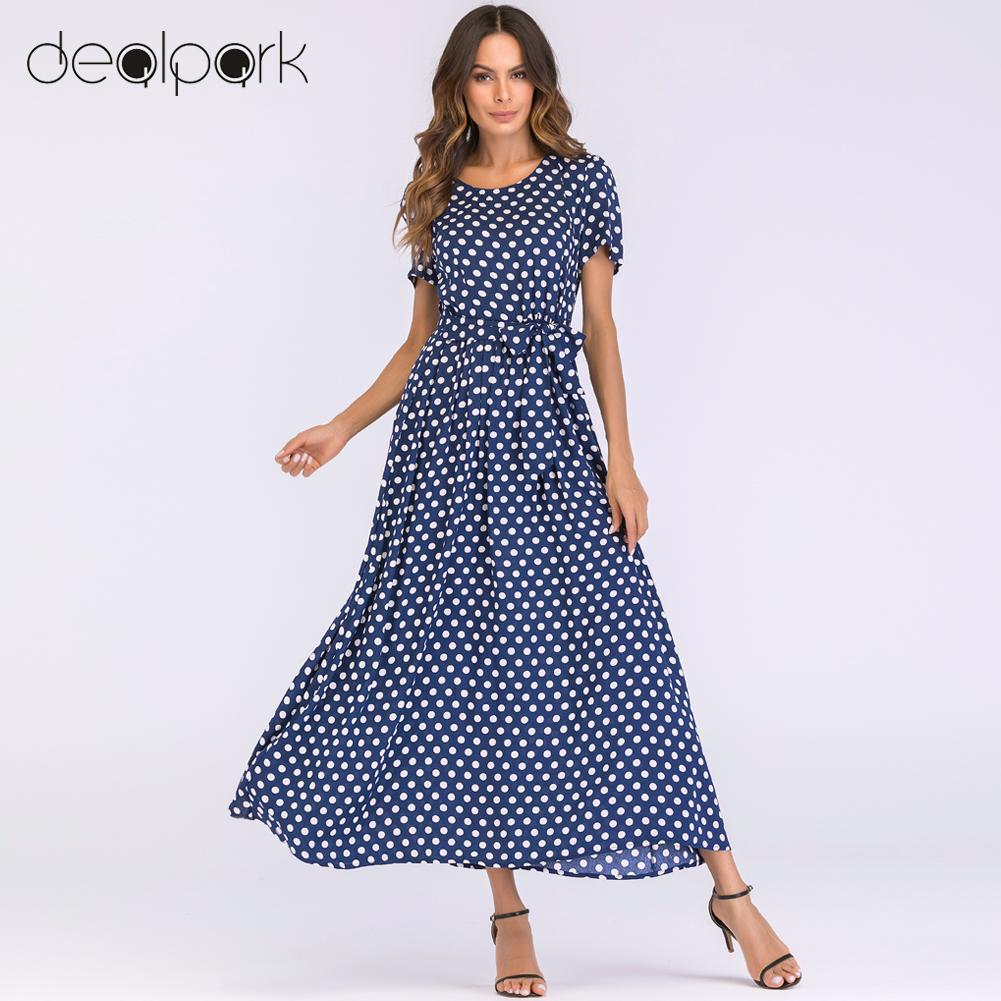 long blue polka dot dress