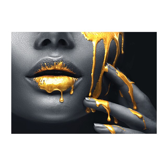 Bw 02 Women Black Skin Golden Lips Modern Wall Art Canvas Painting Afr Oran Nay