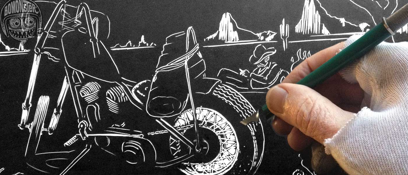 bomonster hand scratches a harley chopper design