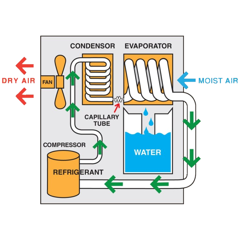 Diagram showing the inner working of a compressor dehumidifier