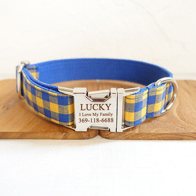 PETDURO Personalized Cat Collar Engraved Gold Buckle Blue Plaid