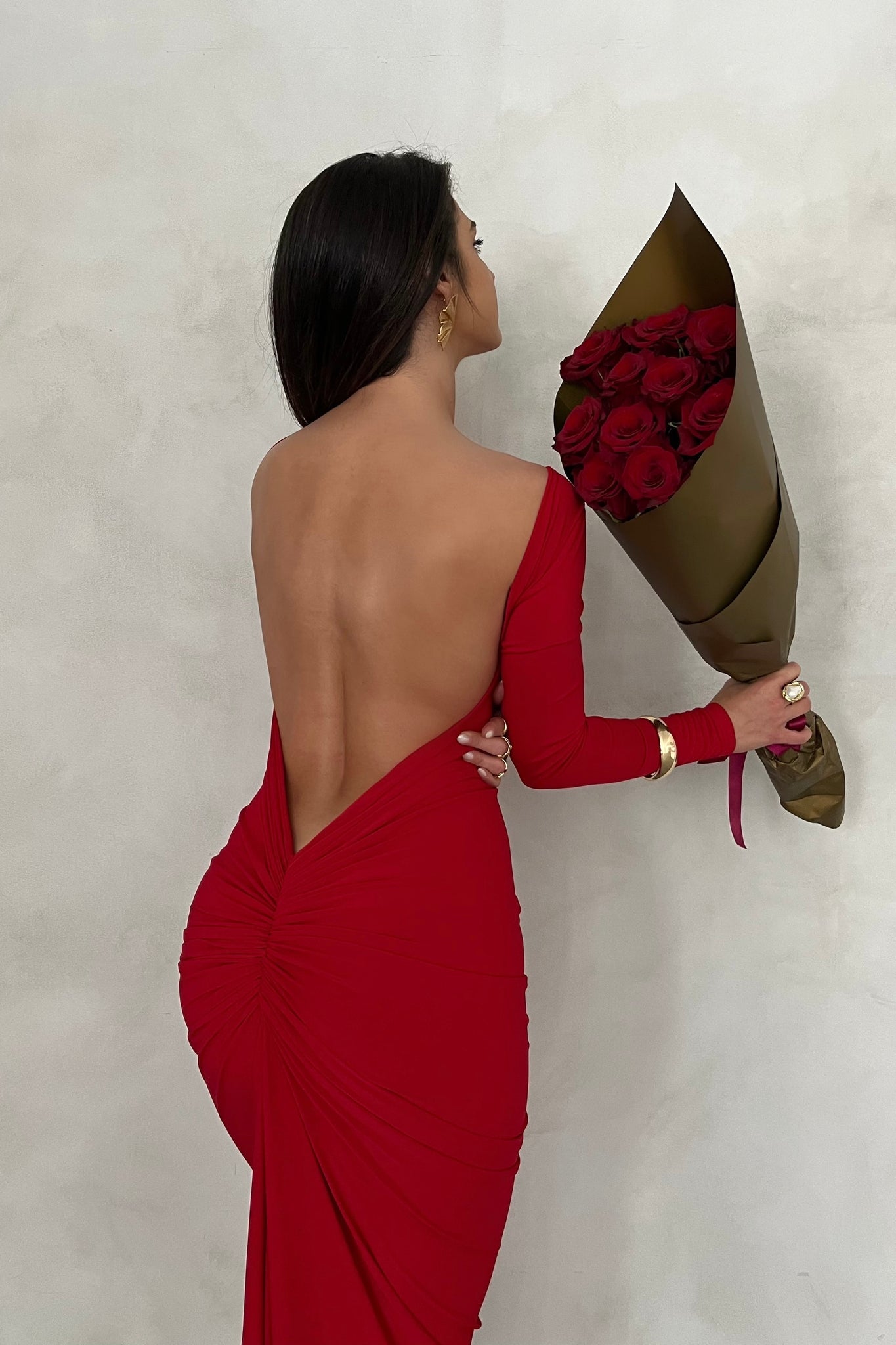 MÉLANI The Label CAMILA Red Long Sleeve Backless Semi Formal Midi Dress