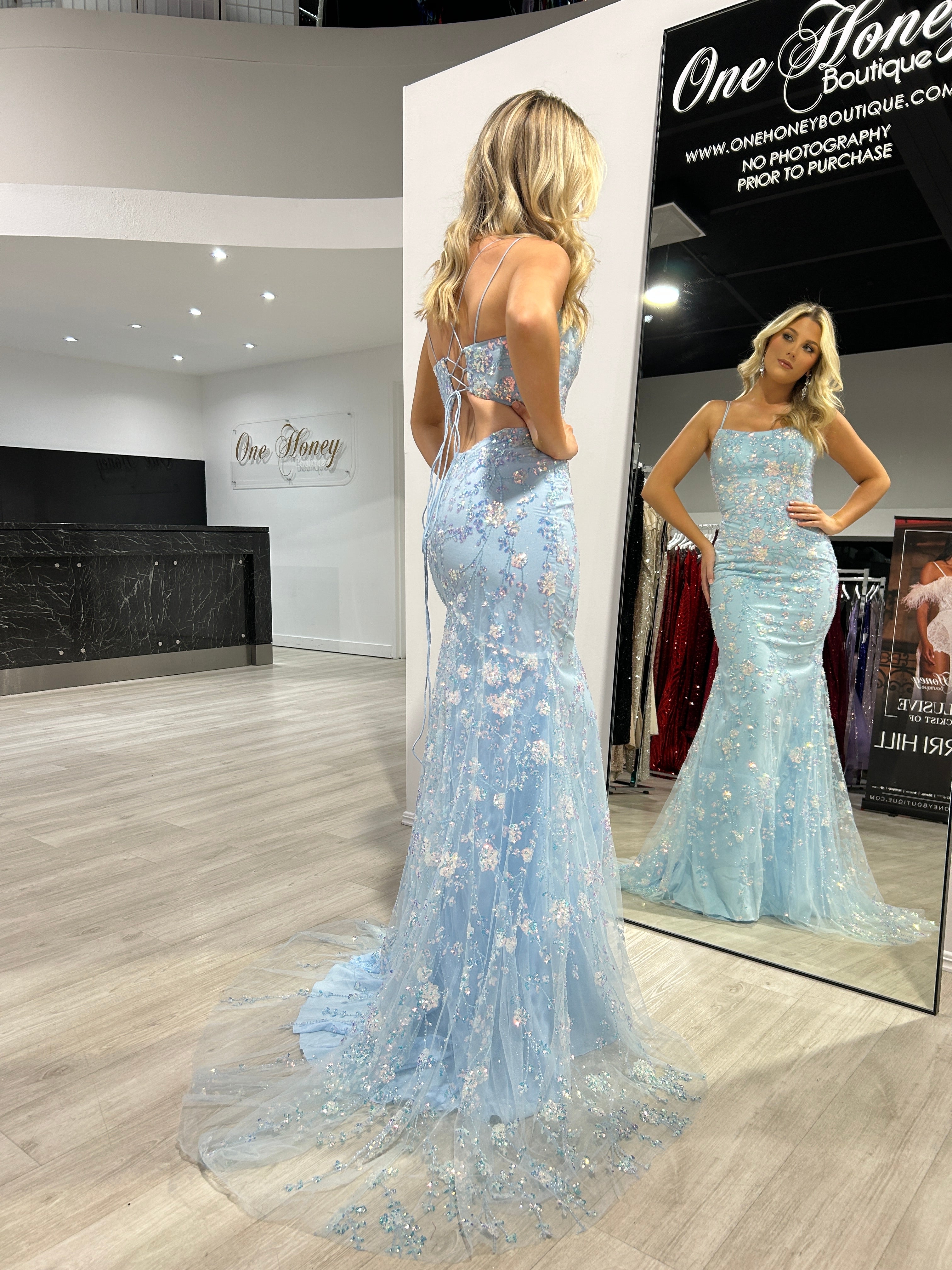 Honey Couture POSY Sky Blue Lace Sequin Applique Mermaid Formal Dress