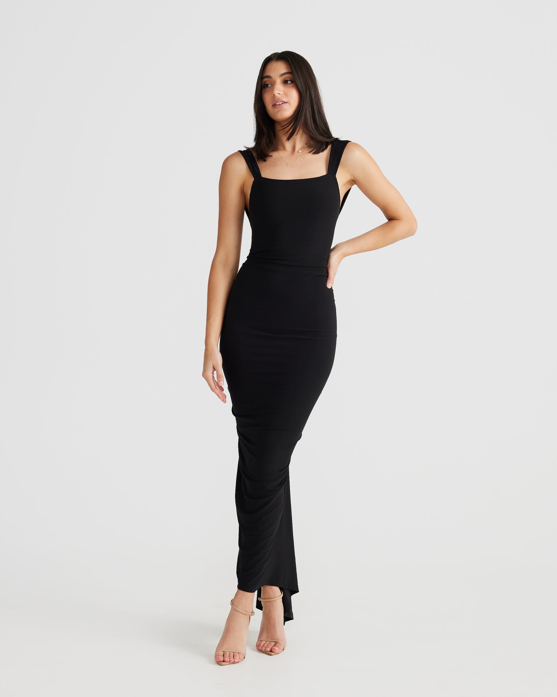 MÉLANI The Label SABIA Black Ruched Bum Backless Dress