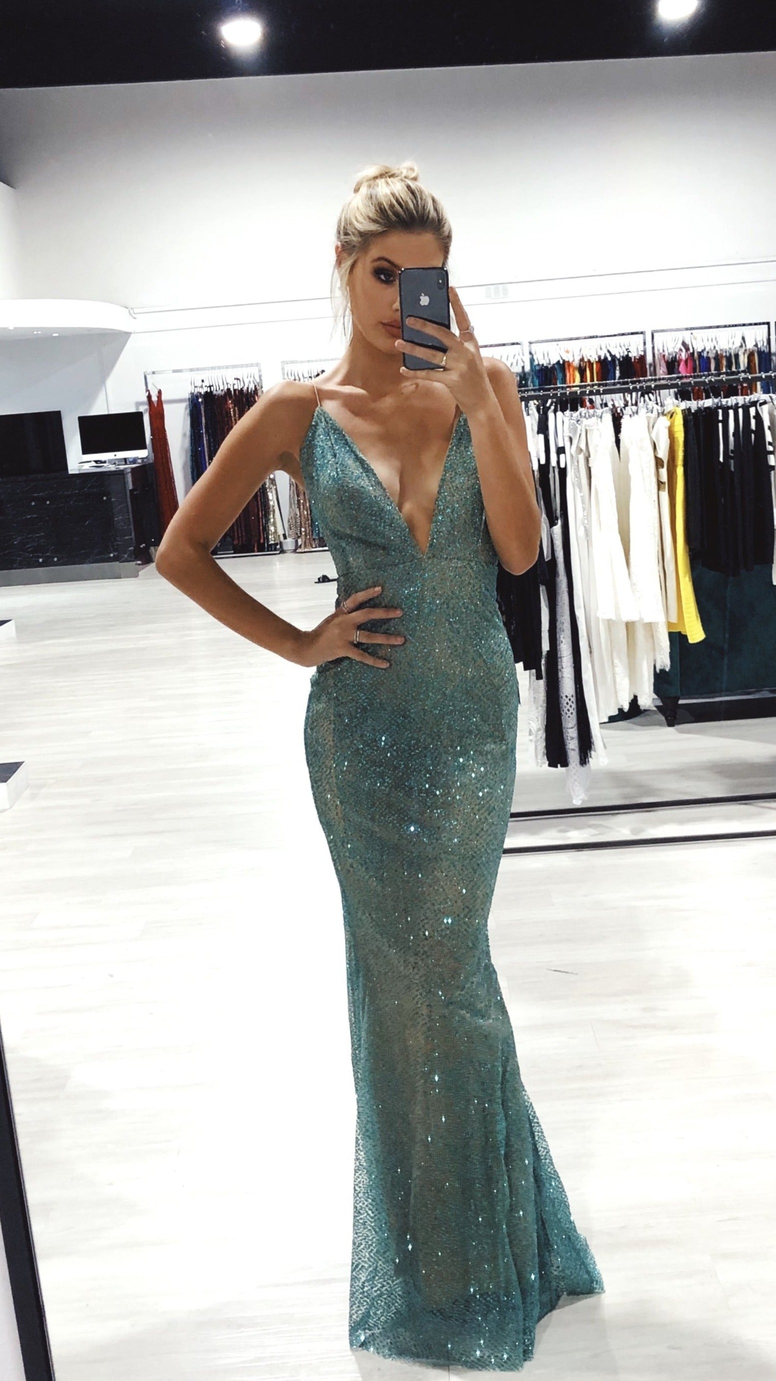 Honey Couture THESSY Green Mermaid Sequin Formal Gown Dress