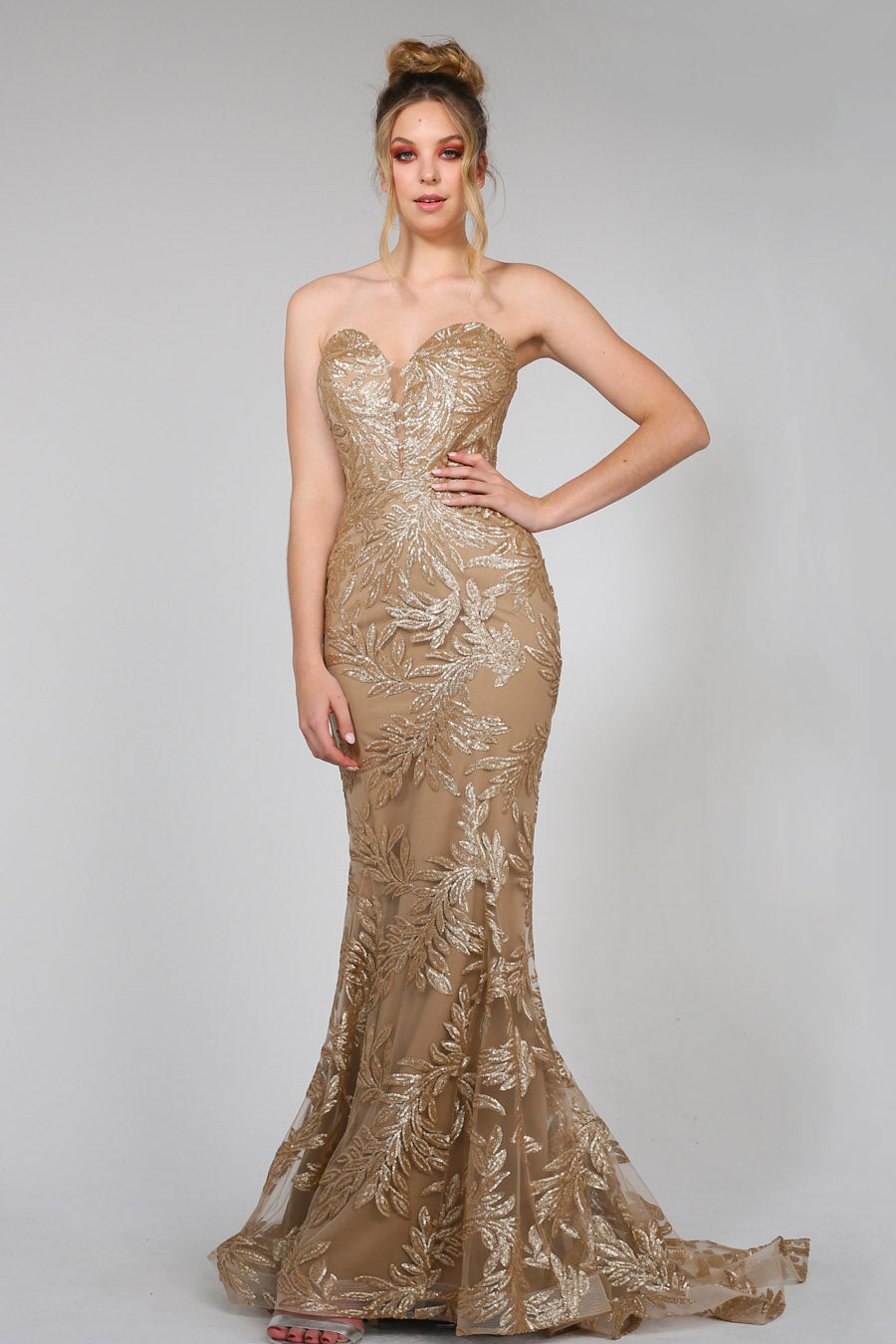 Tina Holly Couture TA107 Gold Sequin & Mesh Strapless Mermaid Formal Dress