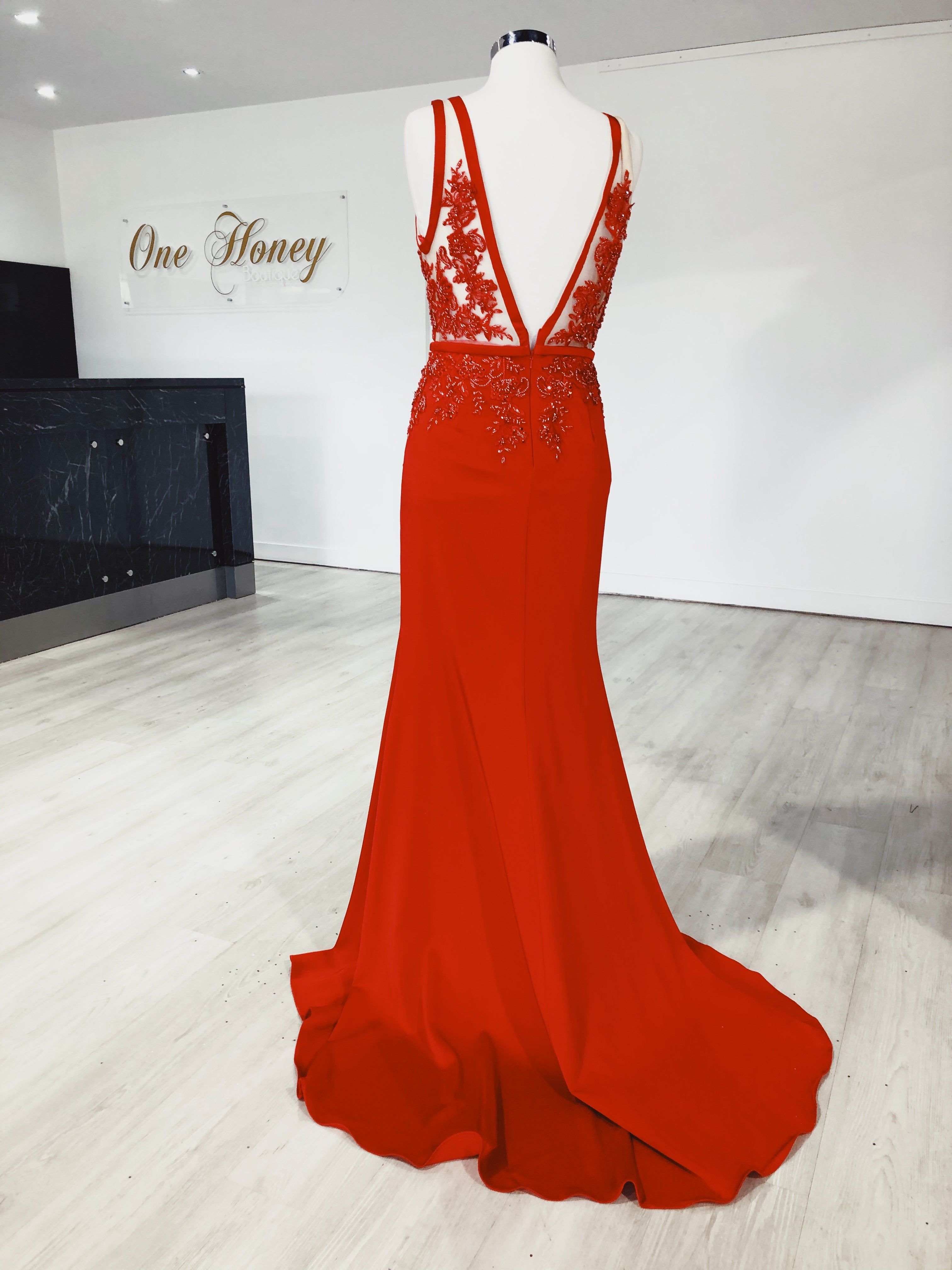 Honey Couture PATRICE Red Beaded Formal Gown Dress