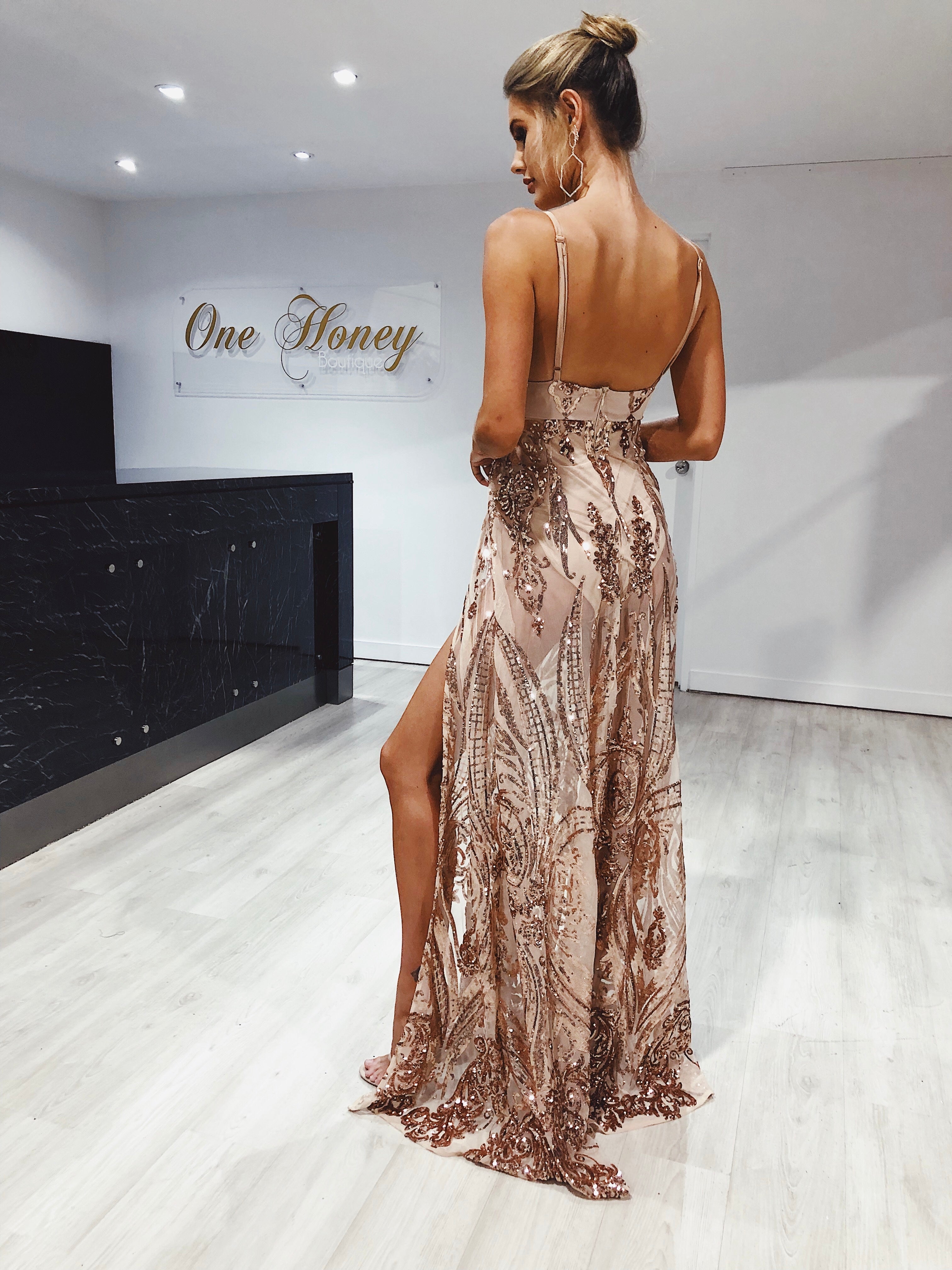 Honey Couture AZALIA Gold Split Front Sequin Formal Dress