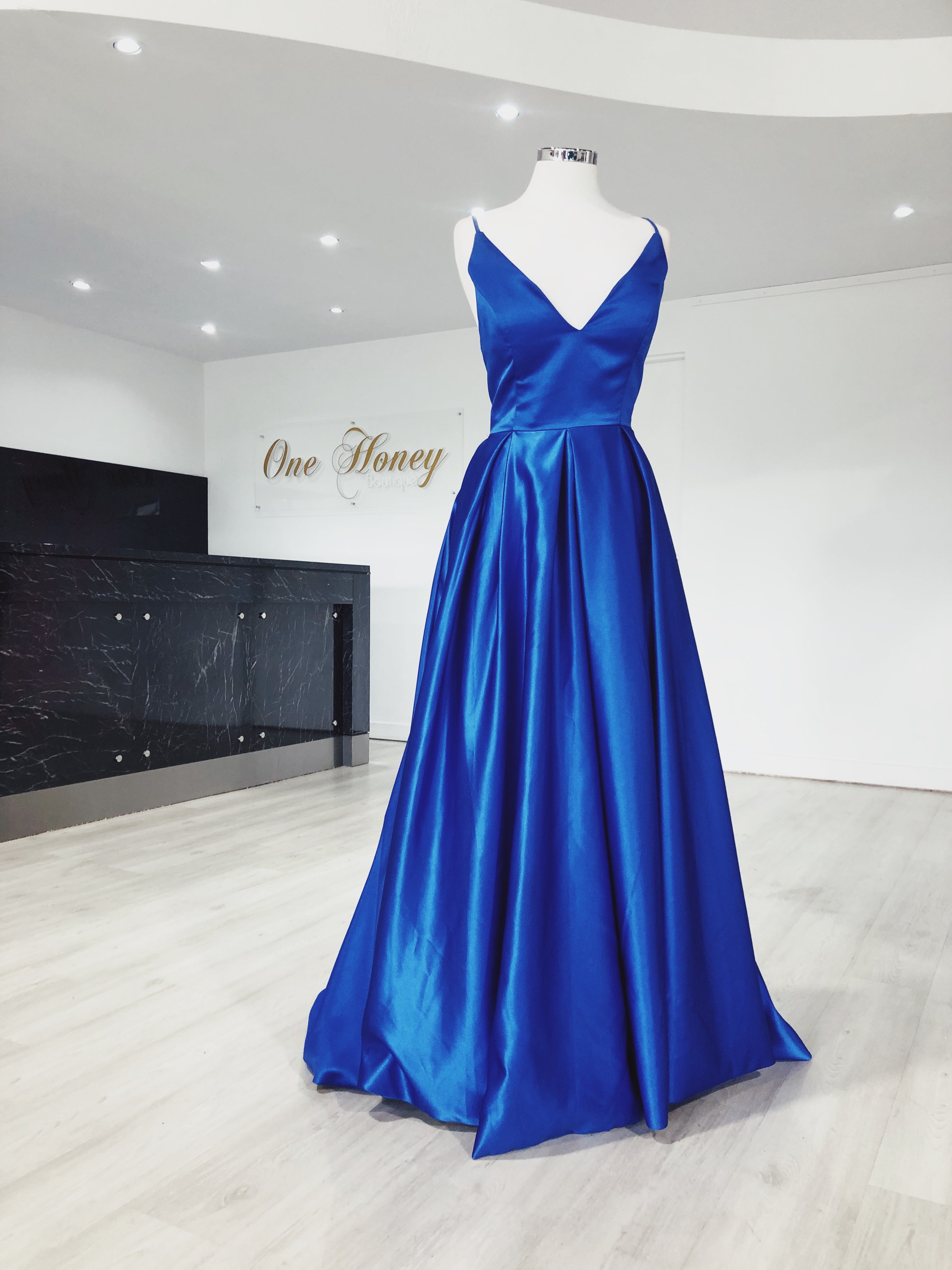 Honey Couture MALISA V Front Satin Ballgown Formal Dress