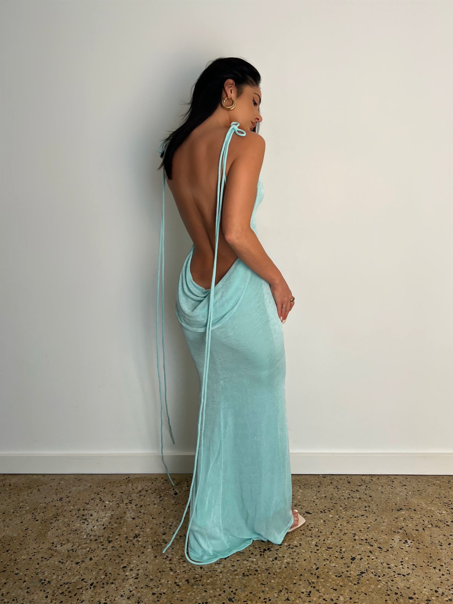 MÉLANI The Label CHRISTINA Drape Back Dress in AQUA