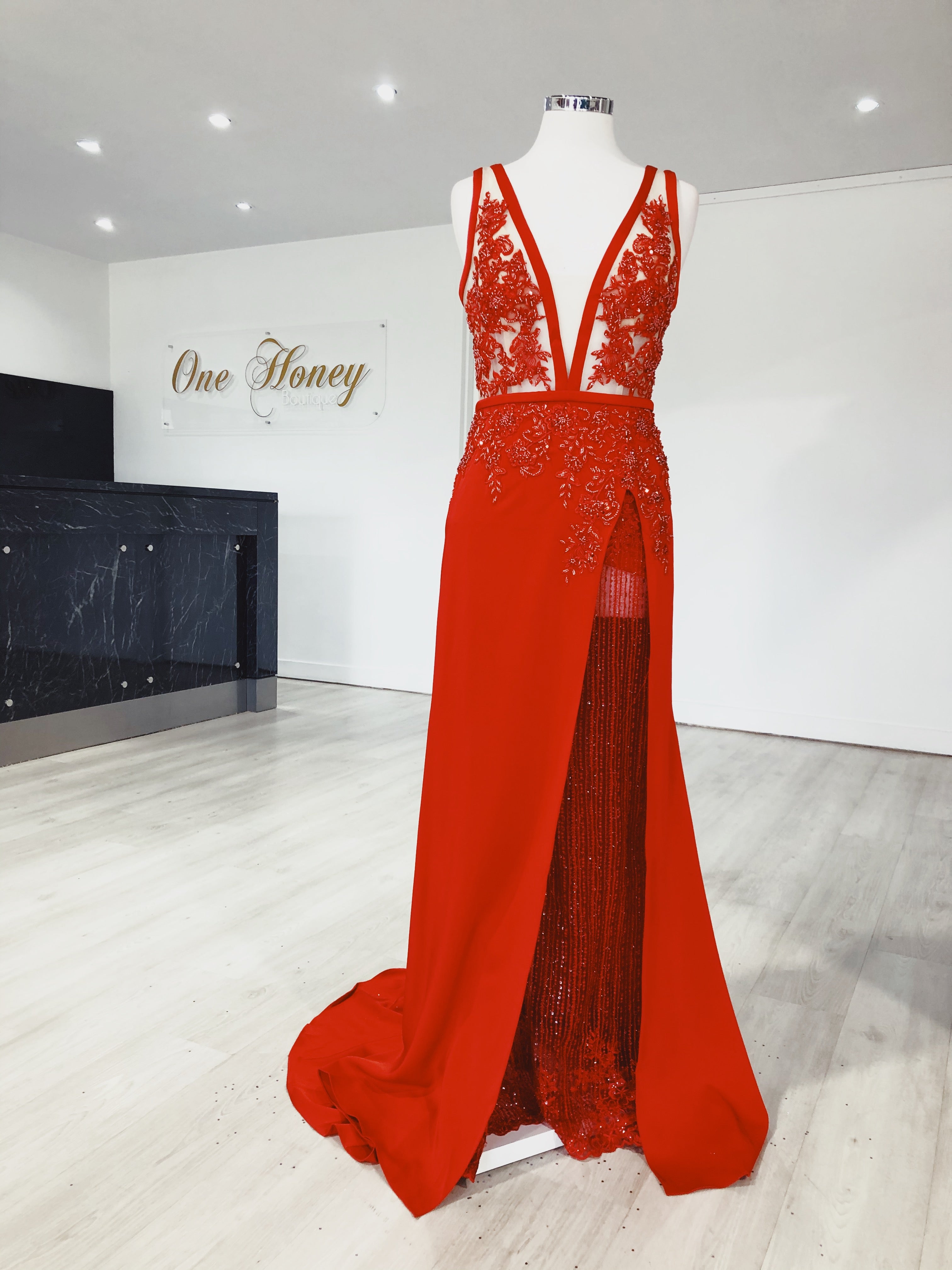 Honey Couture PATRICE Red Beaded Formal Gown Dress